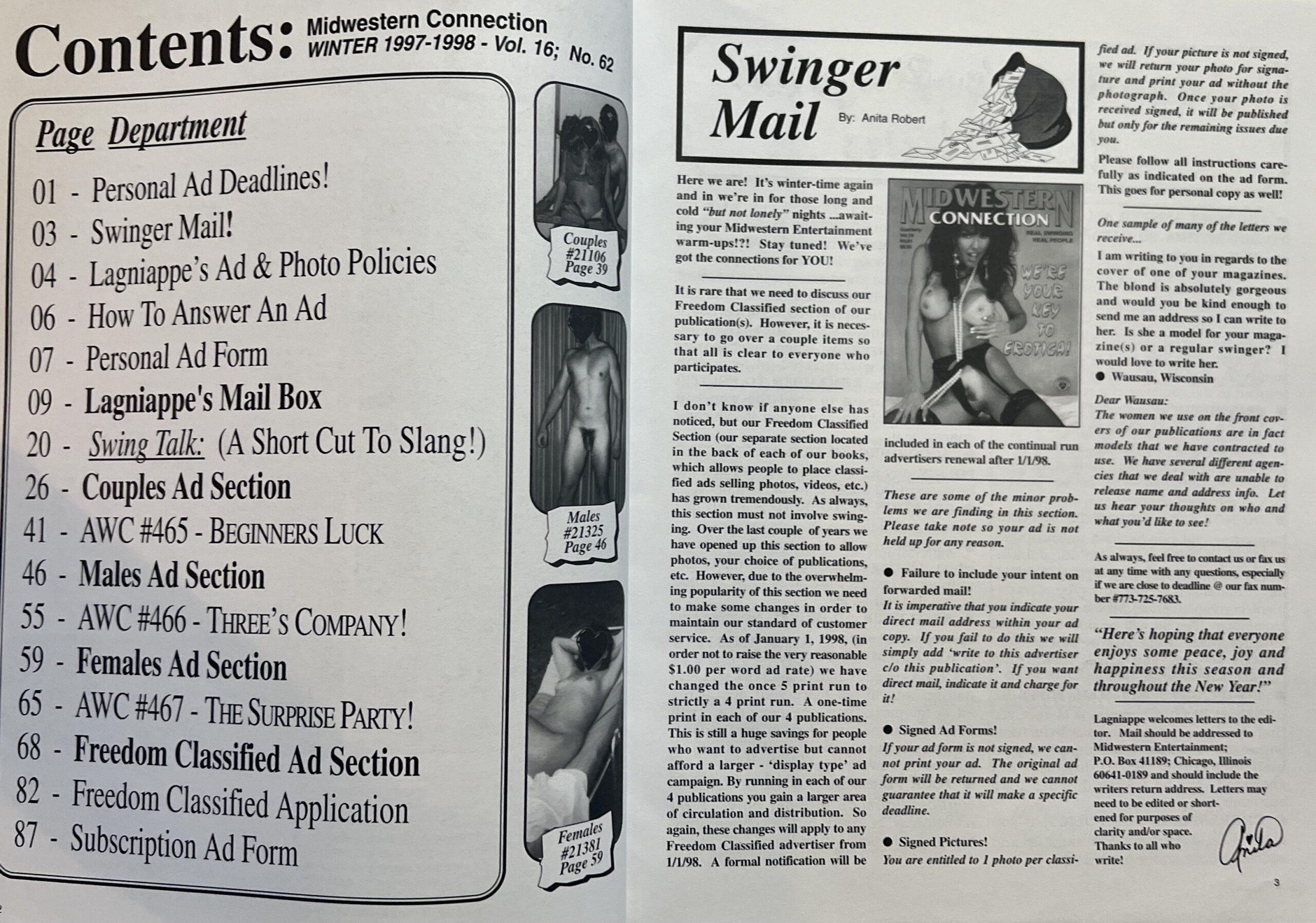Mid Western Connection 16/62 November 1997 Swingers and Personals Magazine *Tis The Season For Pleasin*